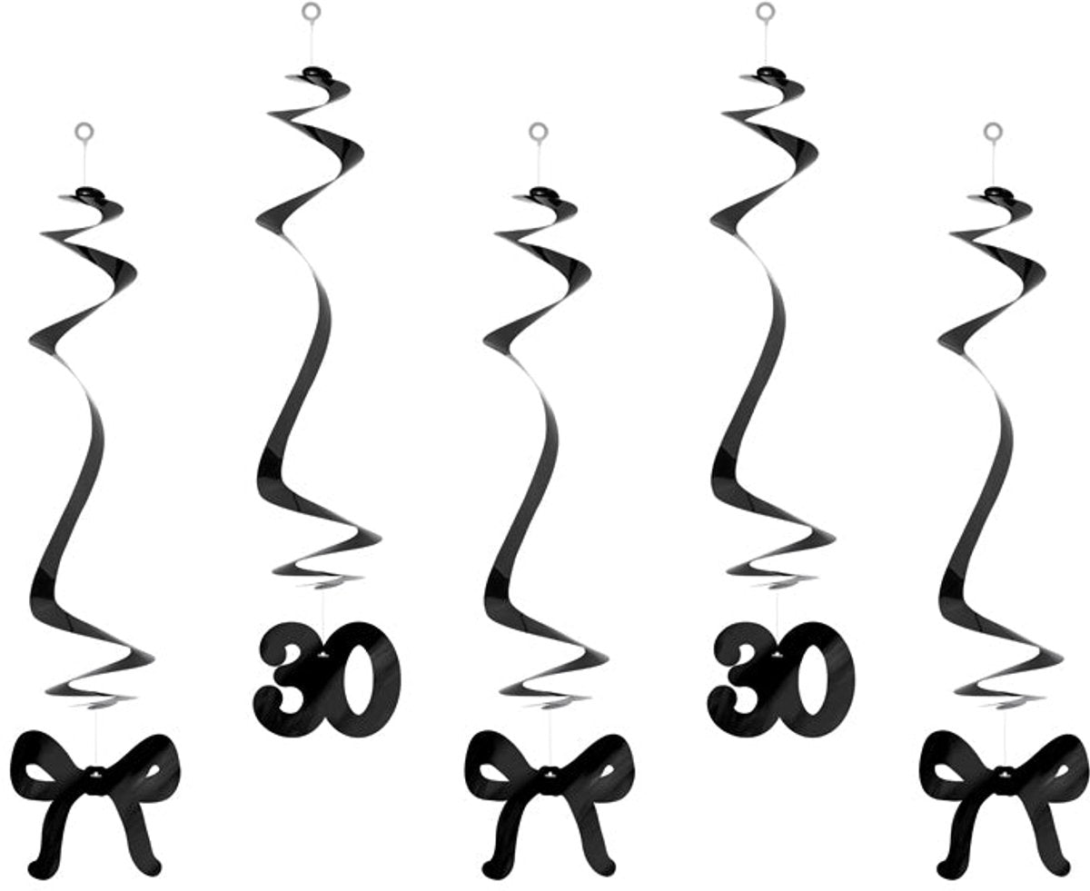 Partydeco 5 verjaardagswervelingen 30e verjaardag met zwarte strik