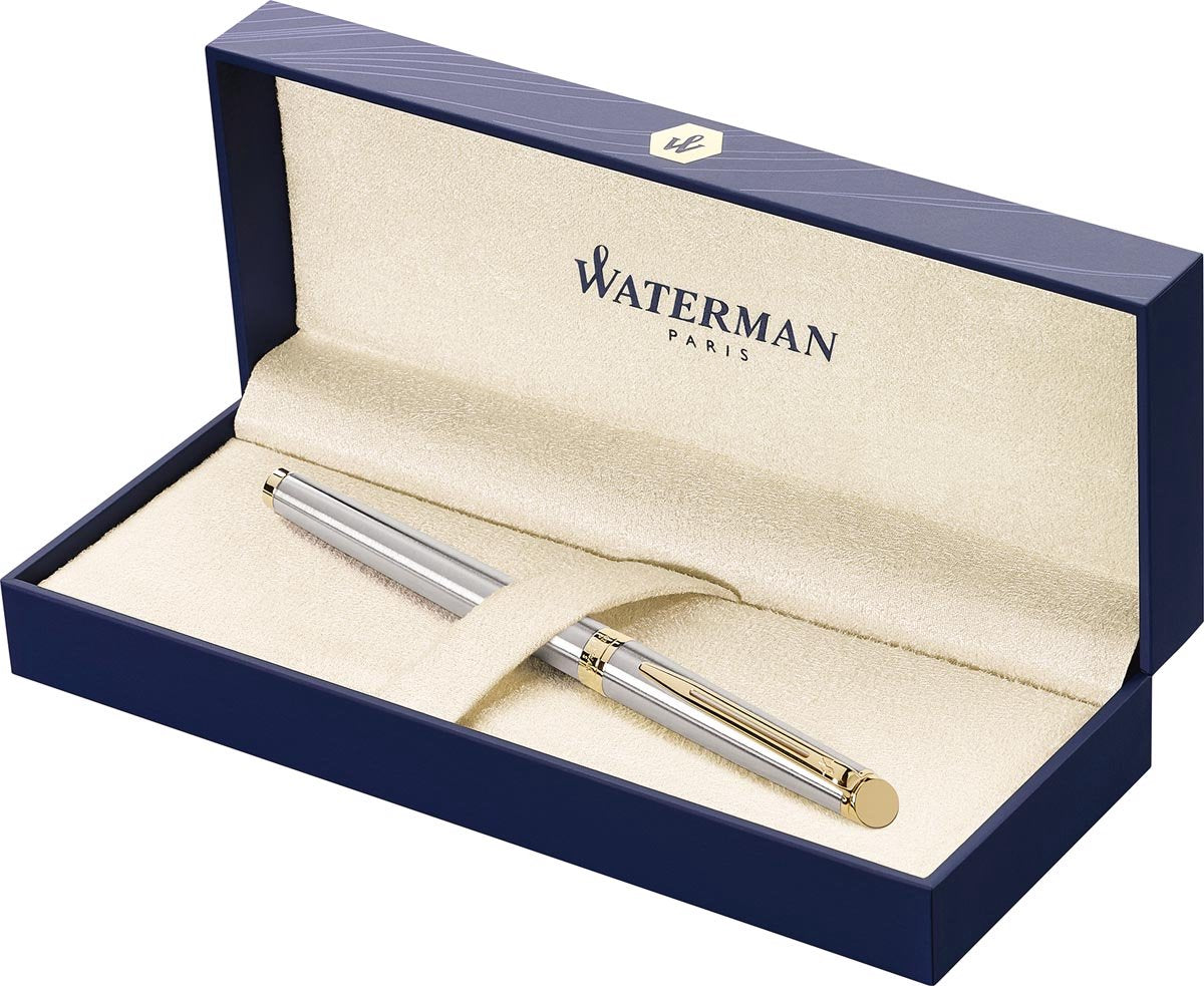 Penna stilografica Waterman Hemisphère | acciaio inossidabile con bordo in oro 23k | pennino fine | inchiostro nero | confezione regalo