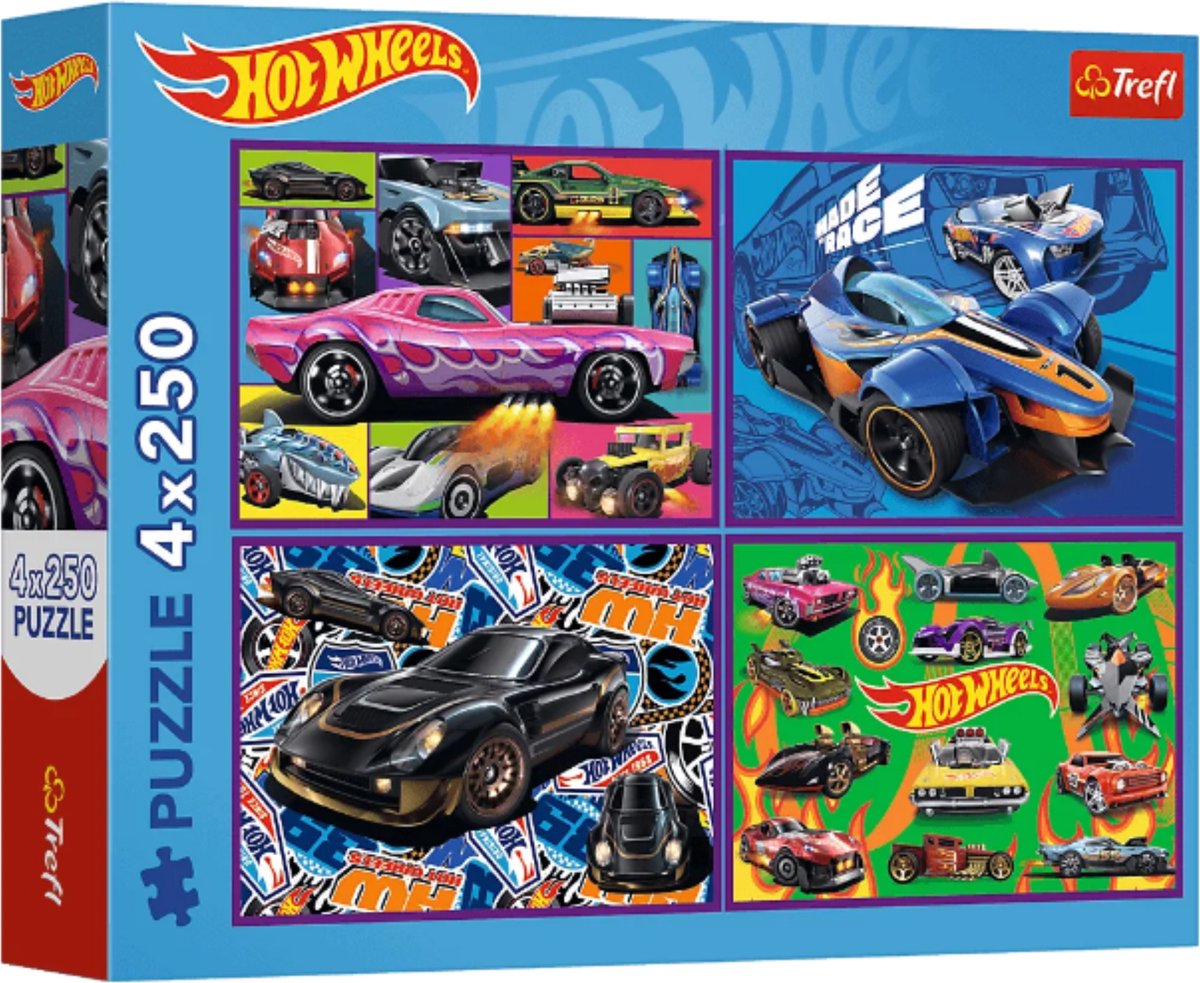 Trefl hot wheels - puzzelset 4-in-1 - 250 stuks - 33x23 cm - kalanderd papier; milieuvriendelijk