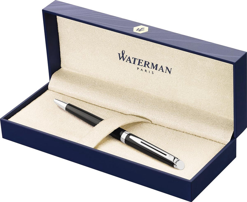 Bolígrafo Waterman hemisferio | negro brillante con borde cromado | punto medio | tinta azul | envoltorio de regalo