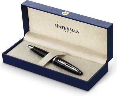 Penna a sfera Waterman Carène Mar Nero | nero lucido con finitura rivestita in palladio | punta media con cartuccia d'inchiostro blu | confezione regalo