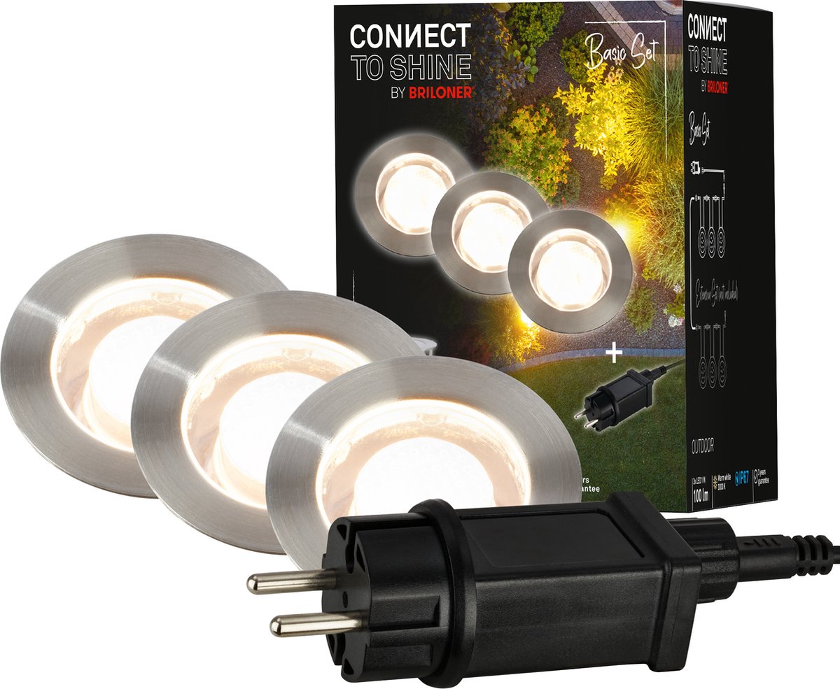 Briloner connect to Shine - Faretto LED da terra per esterno - set da 3 - set prolunga illuminazione giardino - luce bianca calda - ip67 - ø4,5x2,5 cm - cavo 1,5m