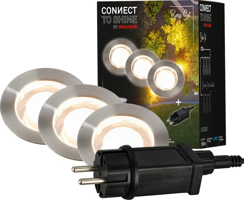 Briloner connect to Shine - Faretto LED da terra per esterno - set da 3 - set prolunga illuminazione giardino - luce bianca calda - ip67 - ø4,5x2,5 cm - cavo 1,5m
