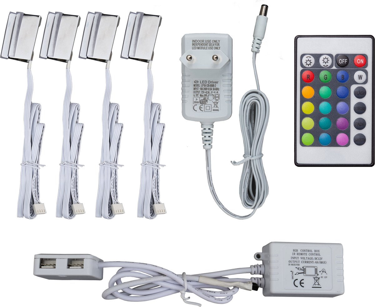 B.K. luce - luce LED RGB - illuminazione mobile - clip per lastre di vetro - illuminazione - set da 4 pezzi - con telecomando - strisce LED