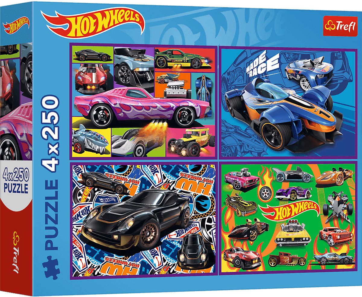 Trefl hot wheels - set puzzle 4 in 1 - 250 pezzi - 33x23 cm - carta calandrata; rispettoso dell'ambiente