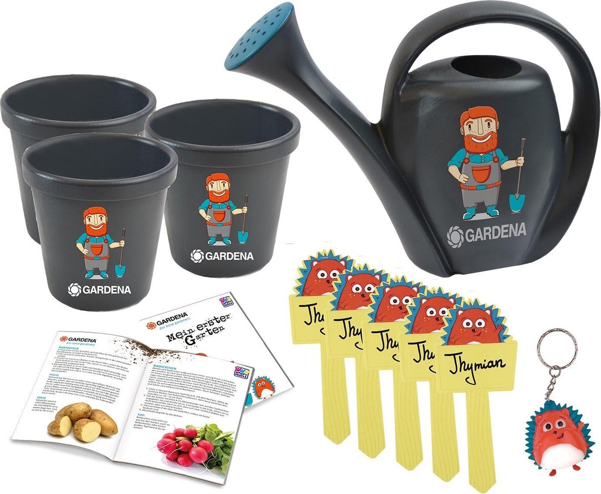 Happy People Gardena Set di attrezzi da giardino per bambini - Giochi da giardino per bambini - Attrezzi da giardino per bambini con annaffiatoio, vasi di fiori ed etichette per piante - Set di giocattoli da giardino per esterni