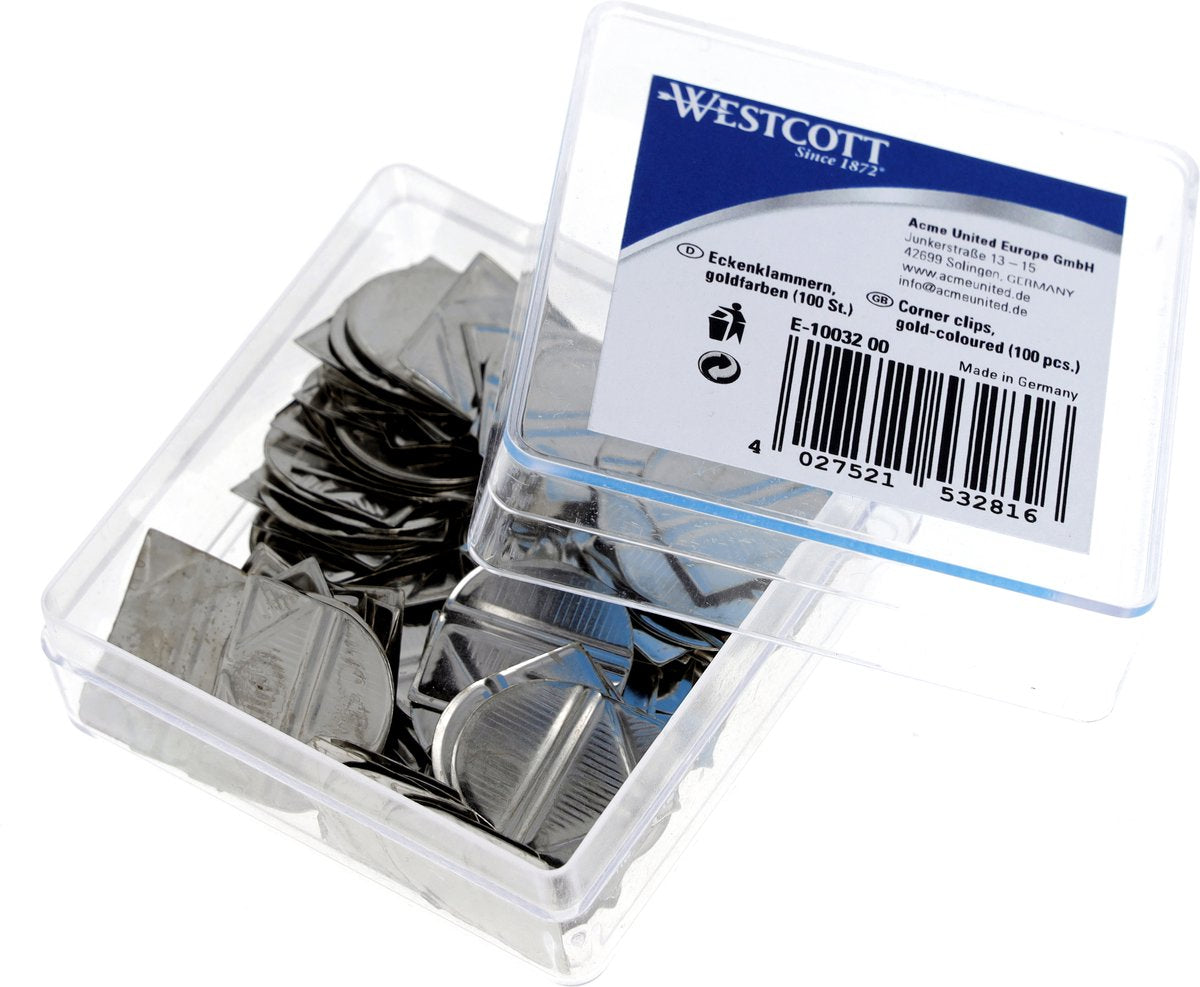 Clip angolari Westcott - alluminio argento - scatola di plastica 100 pezzi - ac-e10031