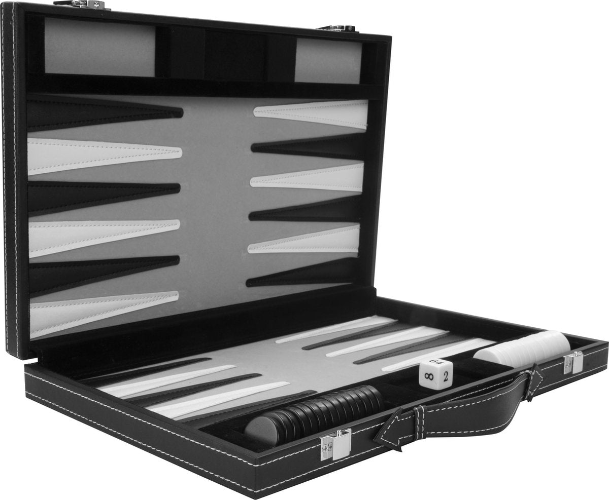 Longfield backgammon 15 inch - gray, black and white stitched board - artificial leather case with handle - angel heart