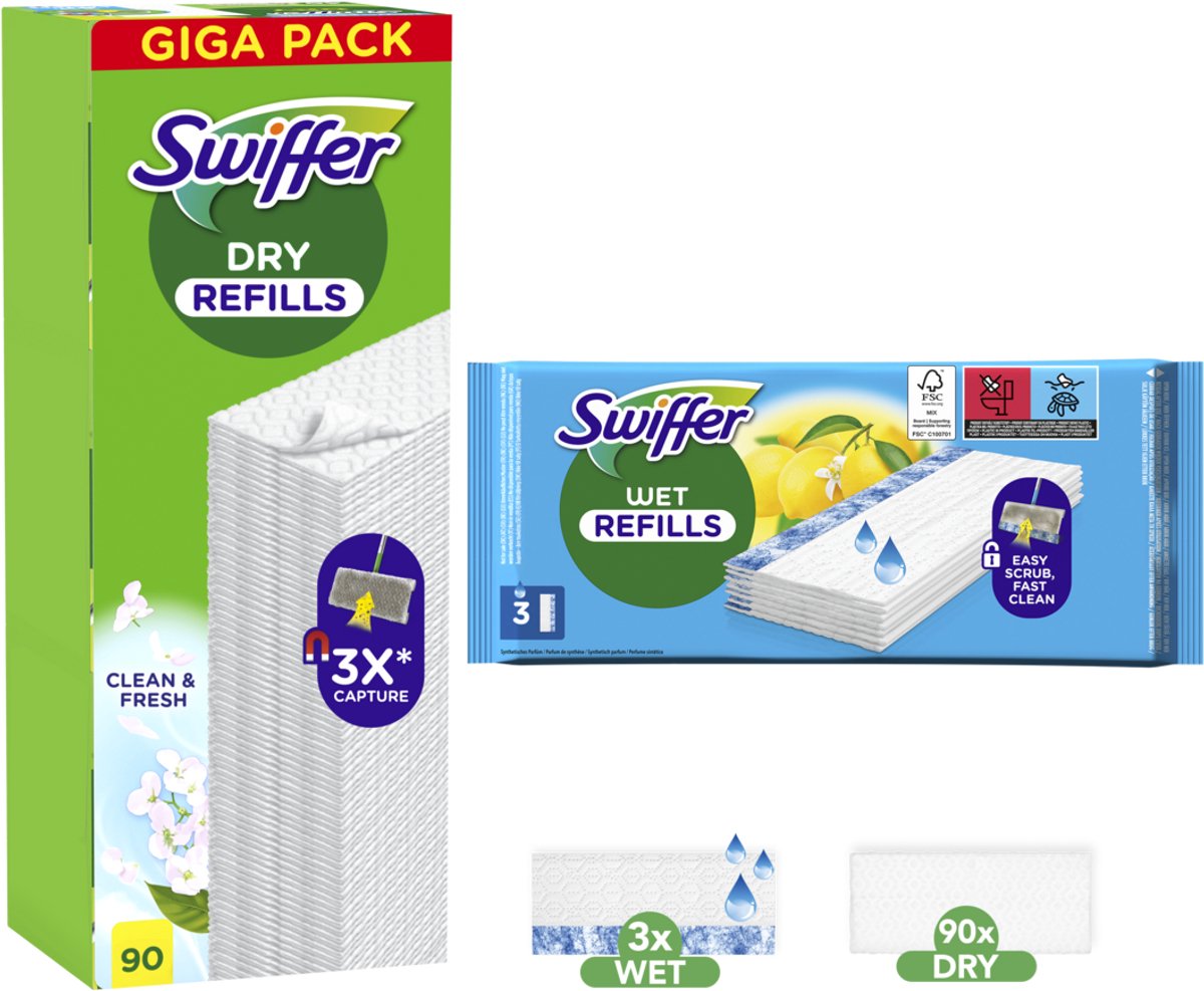 Swiffer salviette lavapavimenti asciutte 90 pezzi + salviette umidificate 3 pezzi