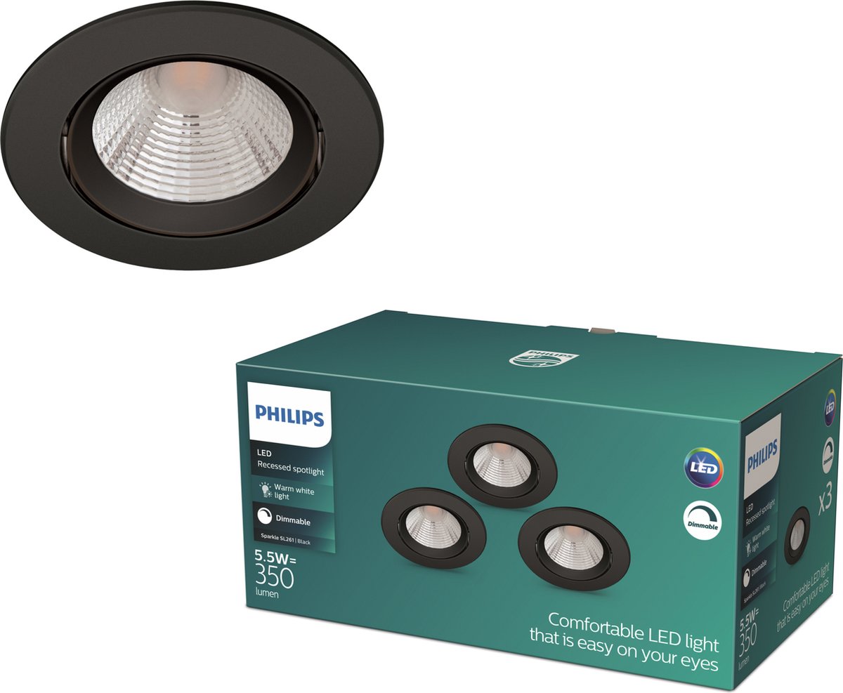 Philips led philips sparkle inbouwspot - dimbaar met dimschakelaar - 5.5w - warmwit licht - zwart - multi-pack 3 stuks