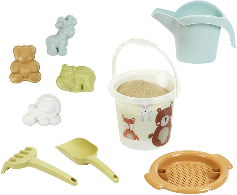 Set di sabbia per il mondo degli animali dei piedini Klein Toys - secchiello per la sabbia, setaccio, pala, rastrello, annaffiatoio e stampi per il mondo degli animali - plastica riciclata - multicolore