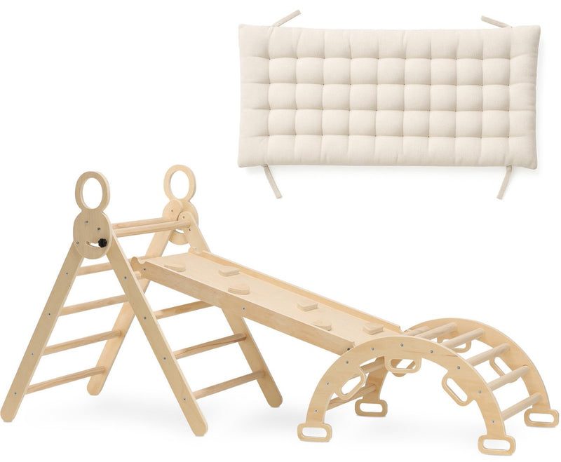 Triángulo plegable Montessori XXL de lujo Deryan con arco de escalada, pendiente y tobogán de columpio - incluye cojín 220x83x81cm