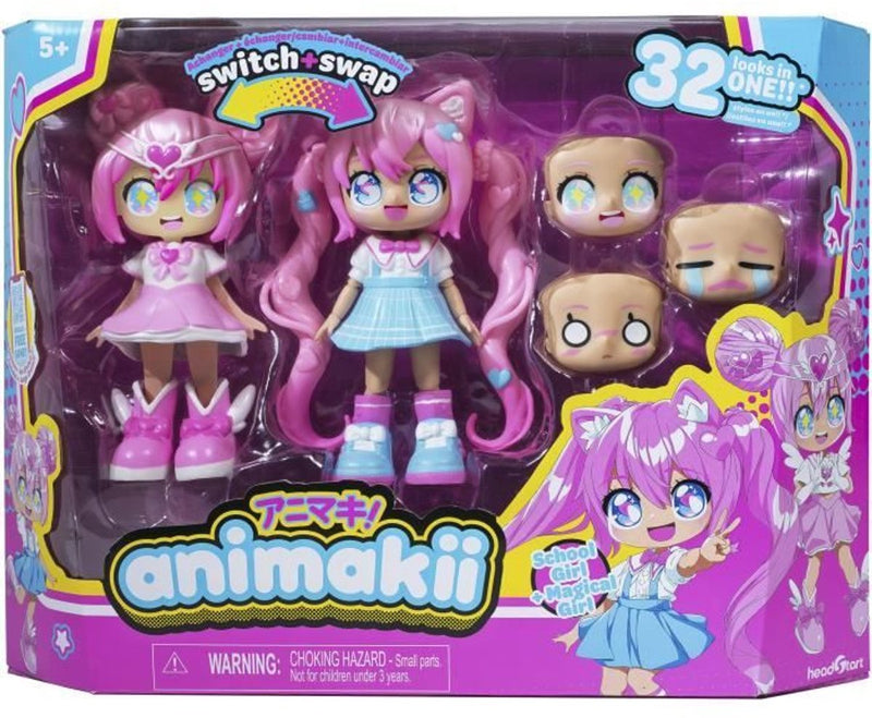 Bandai - mago animakii y colegiala - set de muñecas personalizable - 1 muñeca, 4 caras, 2 peinados, 2 conjuntos, 2 pares de zapatos - juguete creativo 5+ años - hea26352