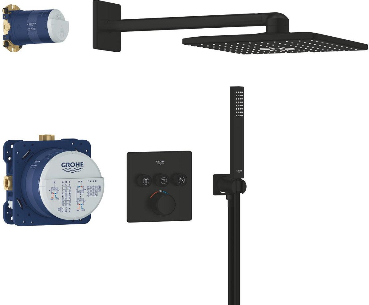 Grohe precision smartcontrol inbouwdouche - met thermostaatkraan - vitalio smartactive 310 cube hoofddouche (2 straalsoorten) vitalio joy cube stick handdouche (1 straalsoort) - rond design - matte black