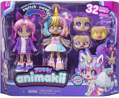 Bandai - animakii de unicornio y murciélago - set de muñecas personalizable - 1 muñeca, 4 caras, 2 peinados, 2 conjuntos, 2 pares de zapatos - juguete creativo 5 años + - hea26348
