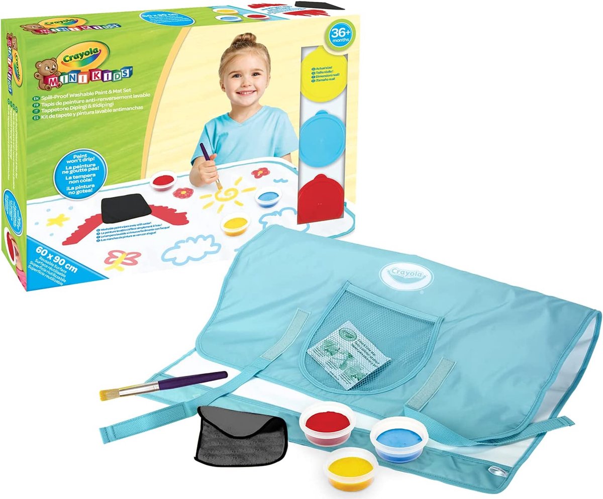 Crayola mini kids - set tappetini per vernice antigoccia, maxi superficie riutilizzabile per dipingere con vernice lavabile, età 36 mesi