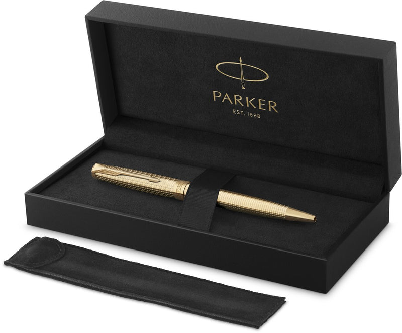 Penna a sfera Parker Sonnet Ciselé edizione speciale, cappuccio, fusto e dettagli con finitura oro, media, inchiostro nero