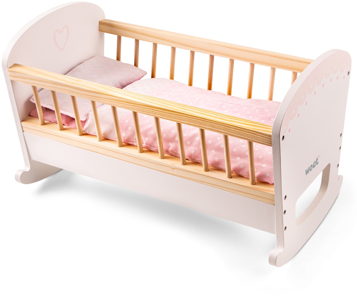 Woet ® wooden doll bed - including duvet and pillow - pink cradle for doll - doll furniture toy - role play doll accessory - from 3 years