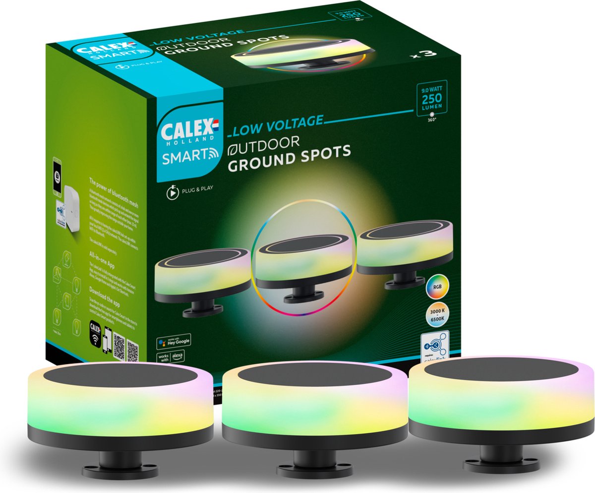Calex illuminazione intelligente da giardino 24 V per esterni - set di 3 luci da sentiero - faretto da terra intelligente - RGB e luce bianca calda - nero