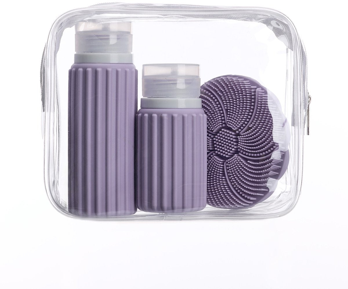 Borsa da viaggio Muitomas + spazzola per il viso + 2 flaconi - compatta - borsa trasparente impermeabile - flaconi da viaggio in silicone - viola