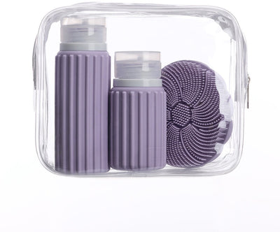 Borsa da viaggio Muitomas + spazzola per il viso + 2 flaconi - compatta - borsa trasparente impermeabile - flaconi da viaggio in silicone - viola