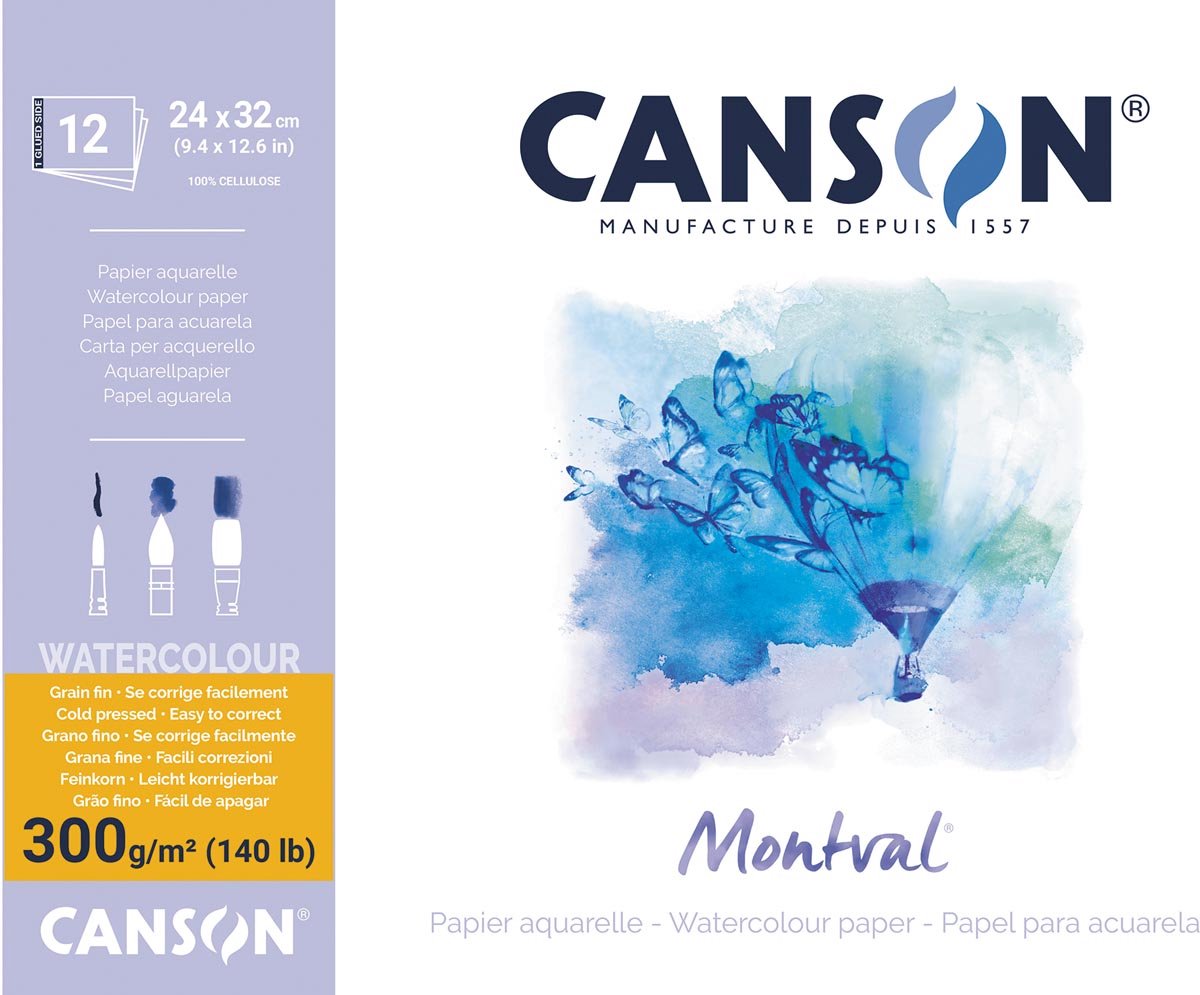 Papel acuarela Canson Montval | blanco de grano fino 300 g m² | pies 24 x 32 cm | bloc con 12 hojas