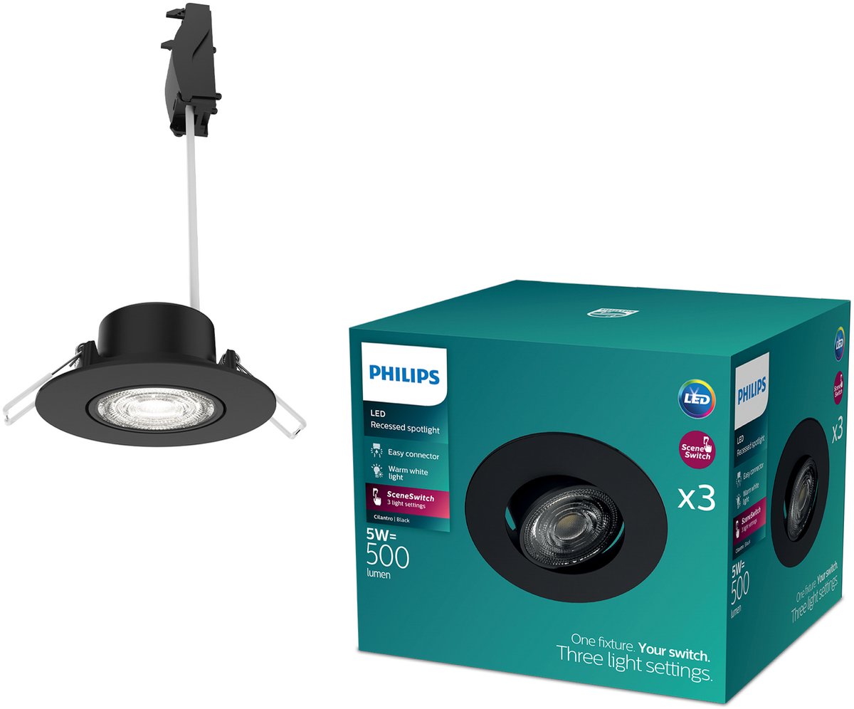 Philips led philips cilantro inbouwspot - sceneswitch lichttechnologie - 5w - warmwit licht: 2700k - zwart - 3-pack