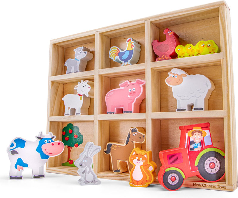 New Classic Toys ® giocattoli in legno con animali da fattoria - personaggi da gioco in scatola di legno - set da gioco