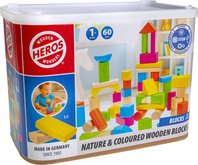 Bloques de madera Heros naturales y de colores - Bloques - 60 bloques de construcción - Juego grande - Madera FSC - Fabricado en Alemania - Construcción creativa - A partir de 1 año