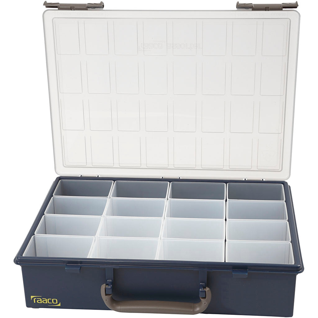 Raaco storage box, 16 movable insert boxes, h: 8 cm, dimensions 33.8x26.1 cm, hole size 5.5x7.9x8 cm, 1 set