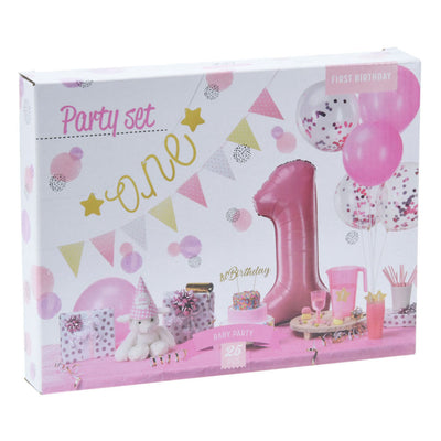 Decorazione per feste set 1a compleanno rosa ragazza, 9dlg.