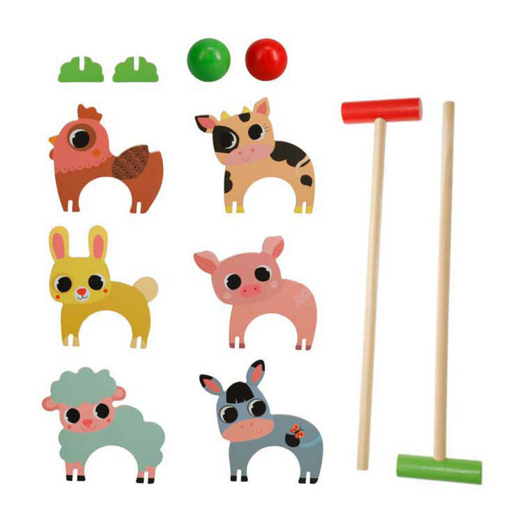 Juego de croquet de animales de granja de madera.