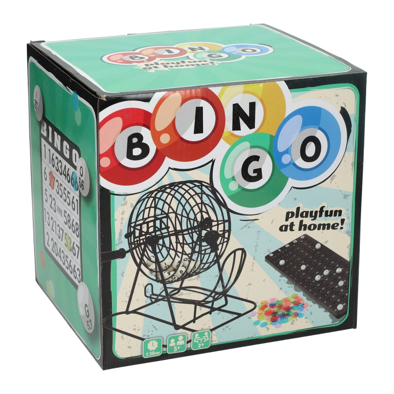 Bobina da bingo nera con tabellone da gioco, carte da bingo e fiches