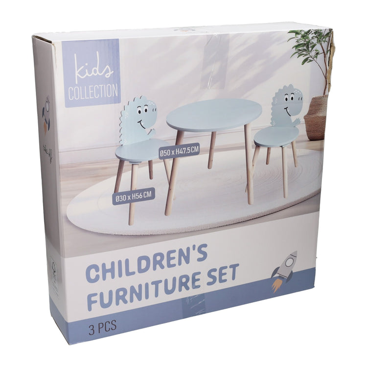 Conjunto de mesa de madera con 2 sillas dinosaurio - azul