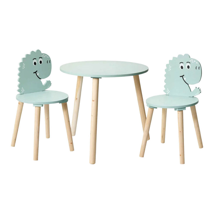 Conjunto de mesa de madera con 2 sillas dinosaurio - azul
