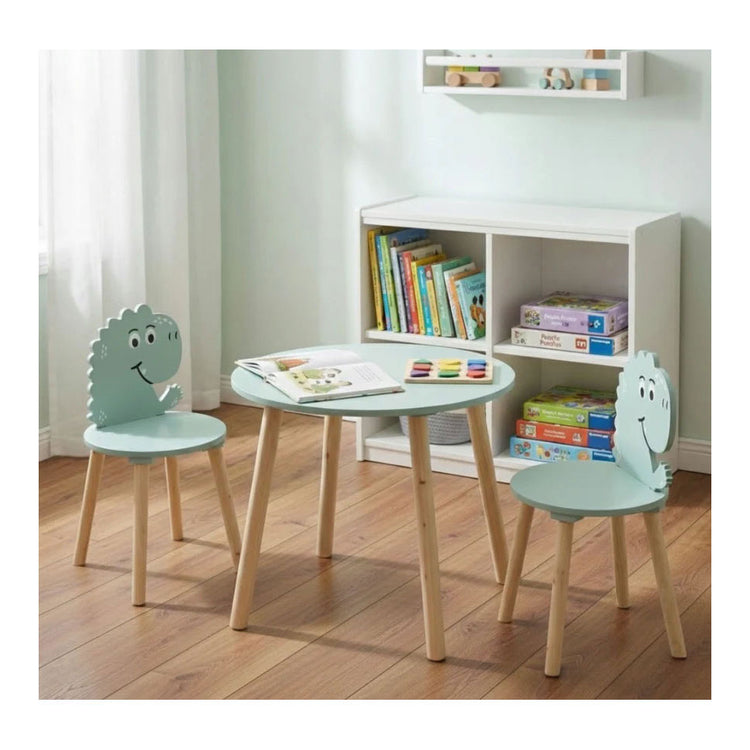 Conjunto de mesa de madera con 2 sillas dinosaurio - azul