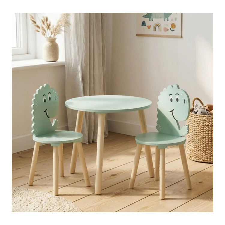 Conjunto de mesa de madera con 2 sillas dinosaurio - azul