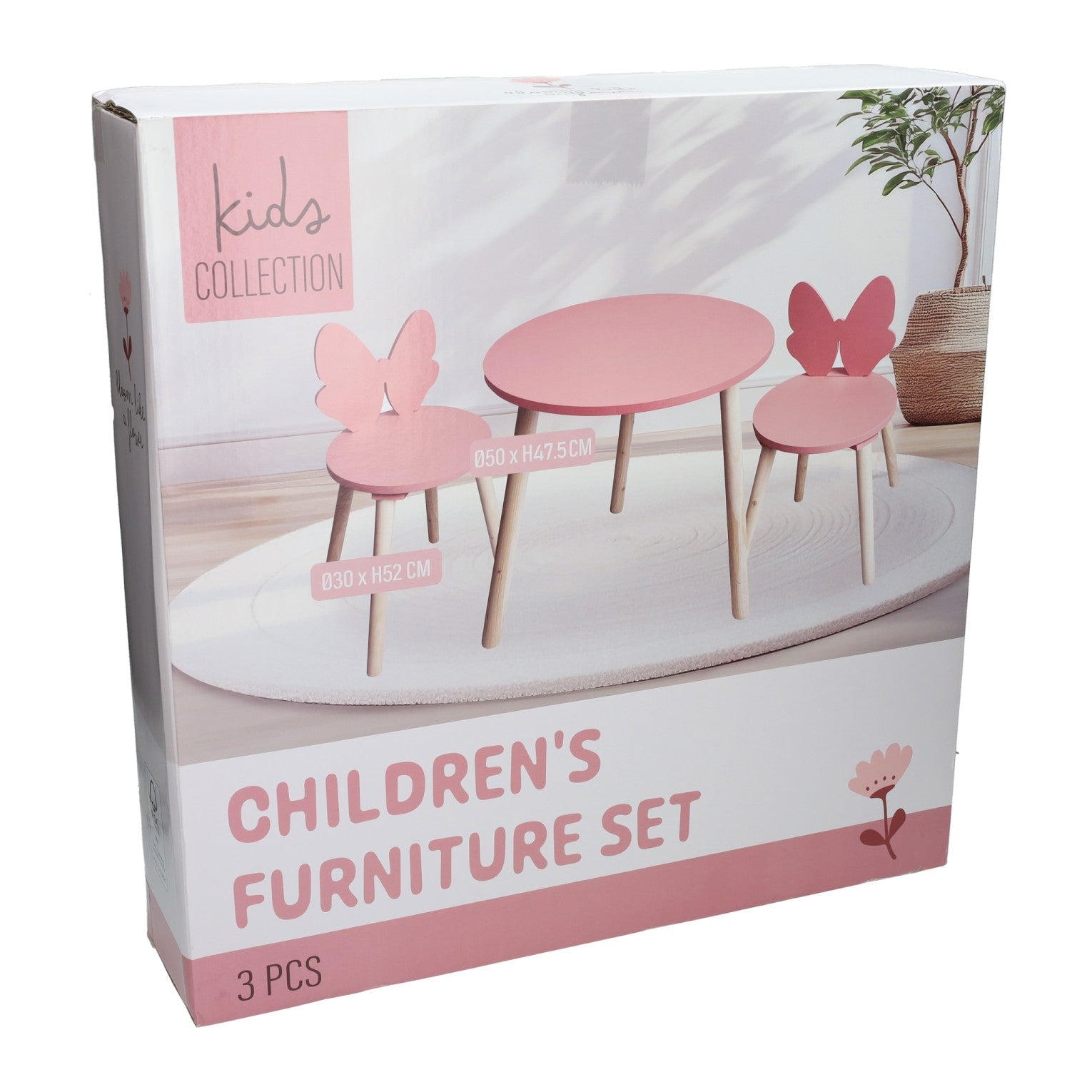 Conjunto de mesa de madera con 2 sillas mariposa - rosa