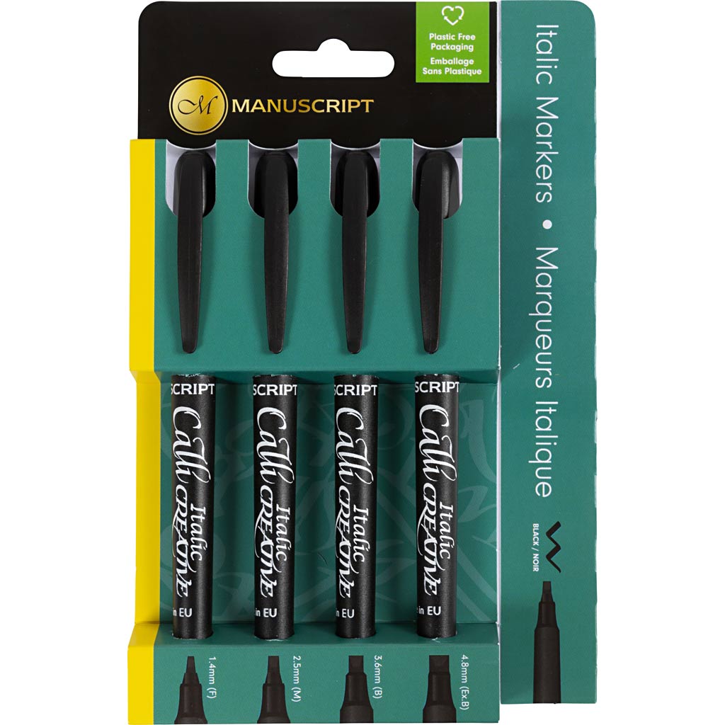 Marcatori calligrafici, spessore della linea 1.4+2,5+3,6+4,8 mm, nero, 4 pezzo 1 scatola