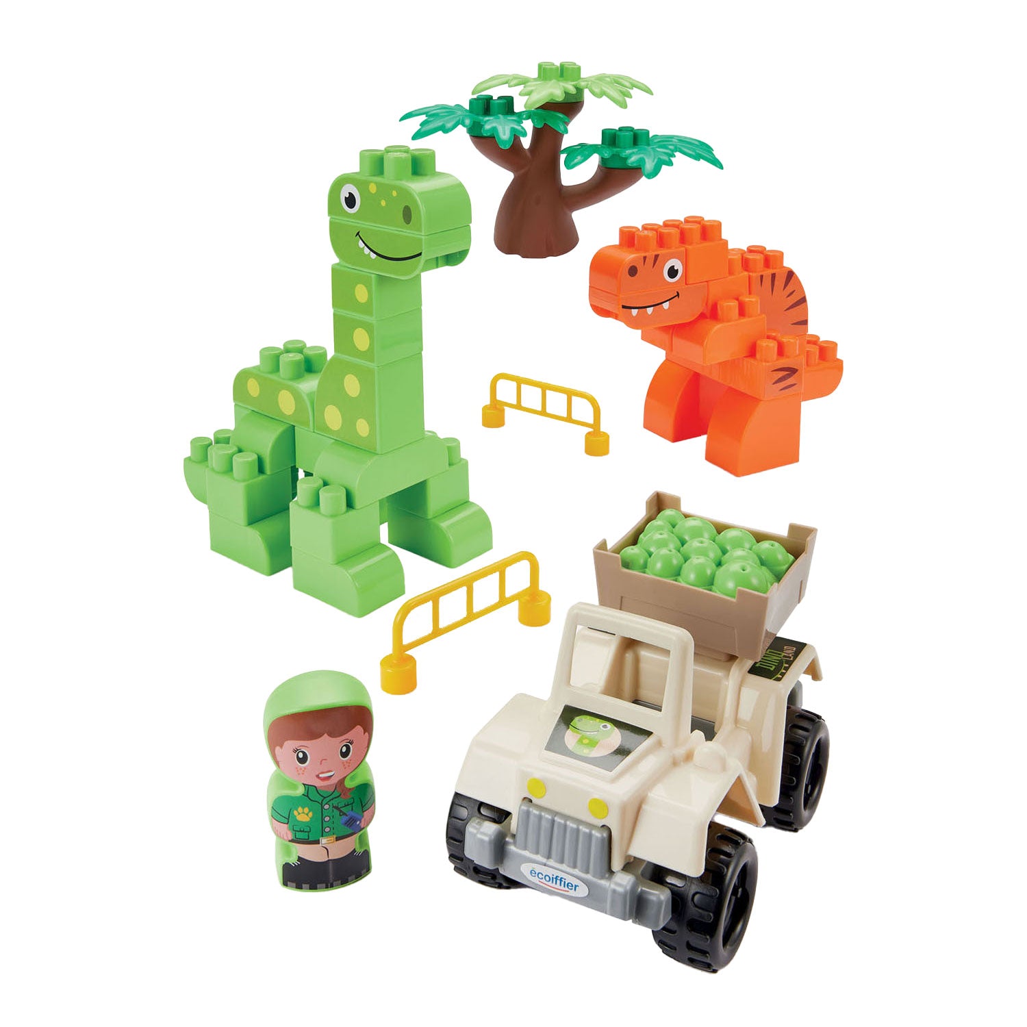 Ecoiffier Abrick Dino Park – Set Giocattolo Dinosauri Per Bambini 18 Mesi+, Con 2 Dinosauri Componibili, Albero, Veicolo, Barriere E Personaggio – Made In France