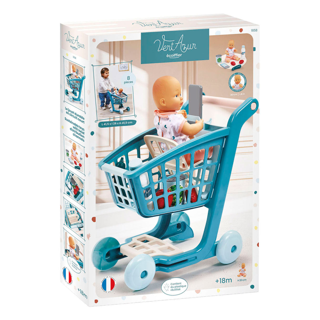 Carro de compra relleno Ecoiffier vert azur con muñeco bebé - 8 piezas.