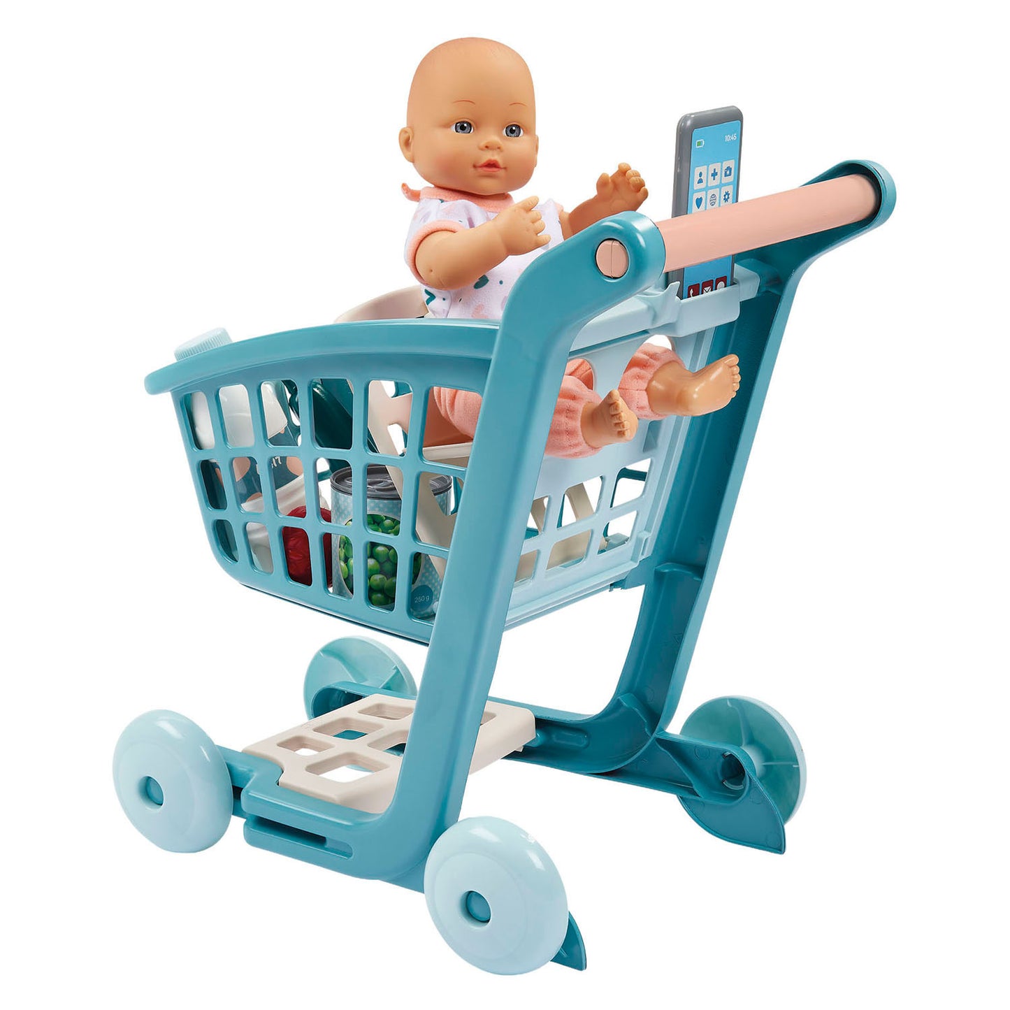 Carro de compra relleno Ecoiffier vert azur con muñeco bebé - 8 piezas.