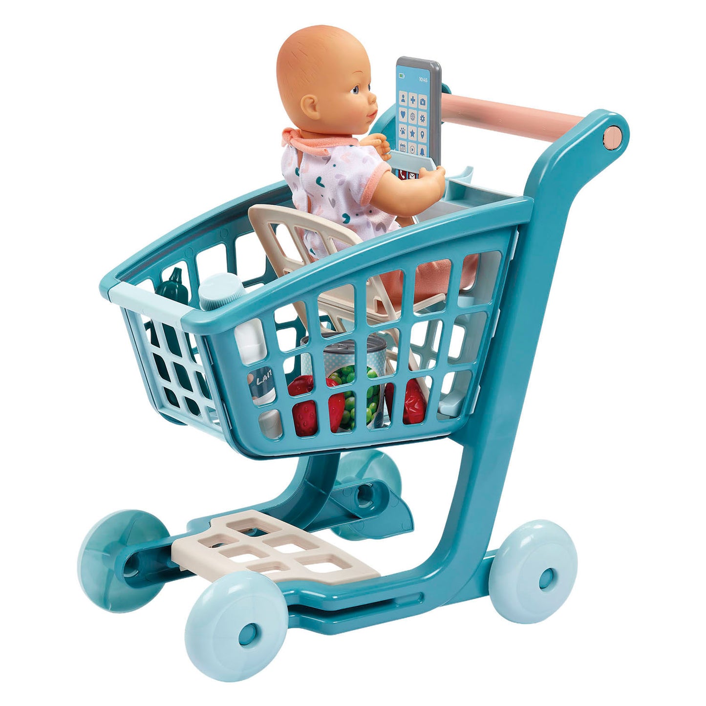 Carro de compra relleno Ecoiffier vert azur con muñeco bebé - 8 piezas.