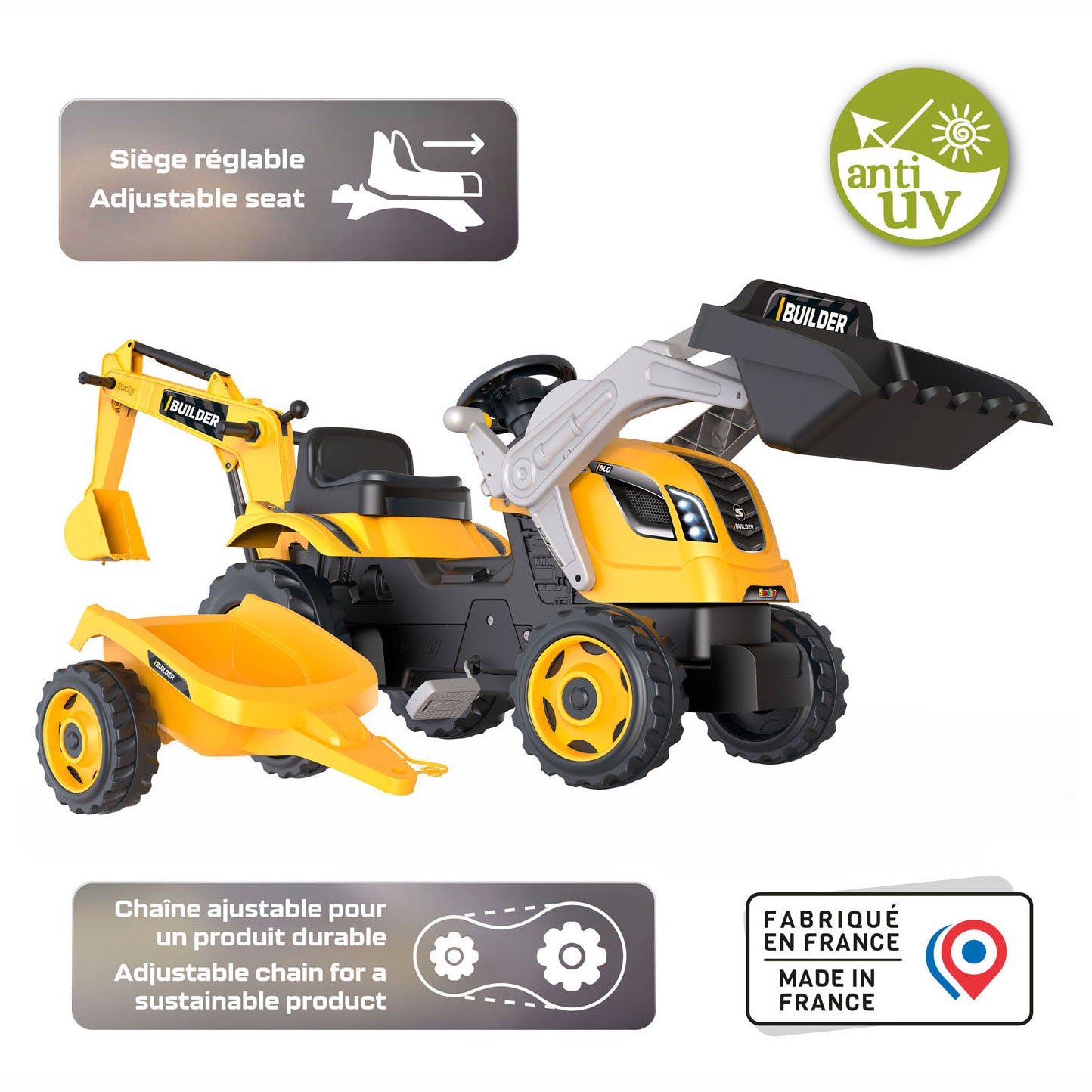 Smoby Builder Max Excavator Tractor con remolque amarillo