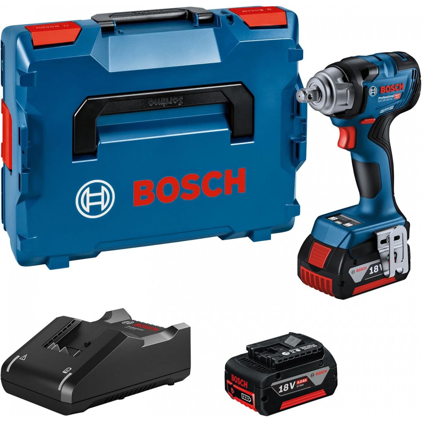 Atornillador de impacto inalámbrico bosch gds 18v-330 hc azul | 330nm | 2 baterías de 5,0 ah + cargador | en l-boxx - 06019l5003