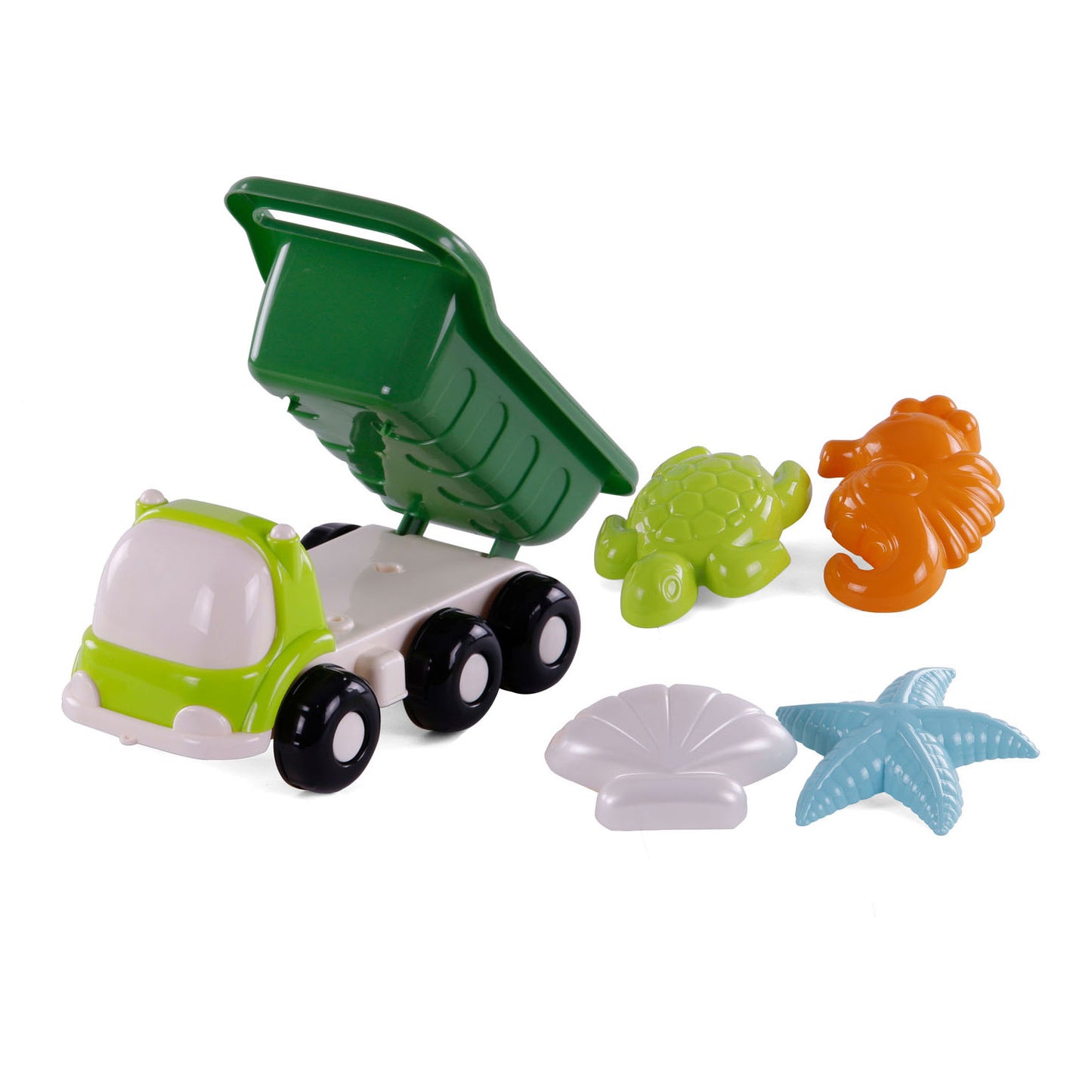 Cavallino Toys Cavallino Beach Kiepwagen con 4 formas de arena verde