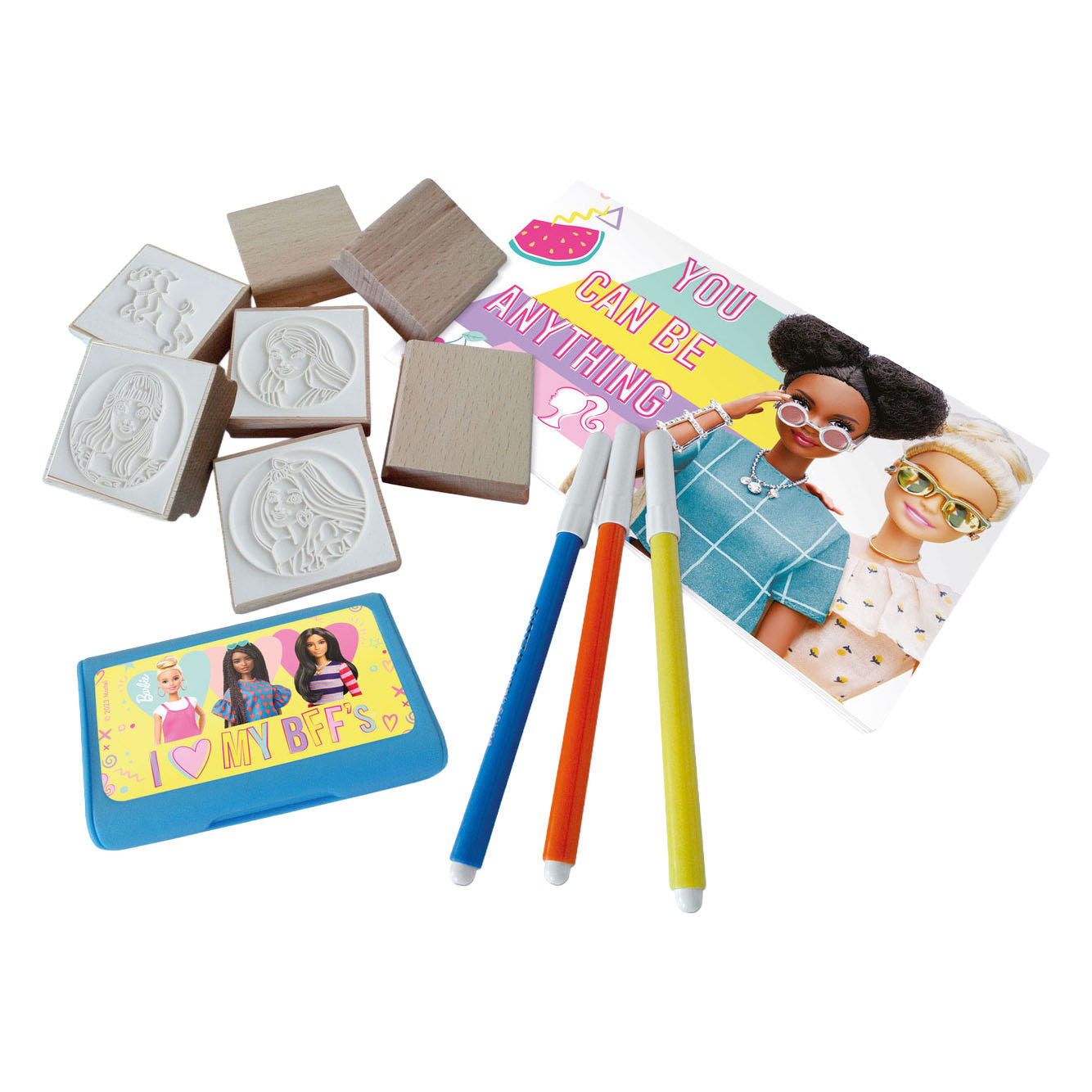 Timbri in legno, quaderno e pennarelli Mattel barbie - 12 pz.