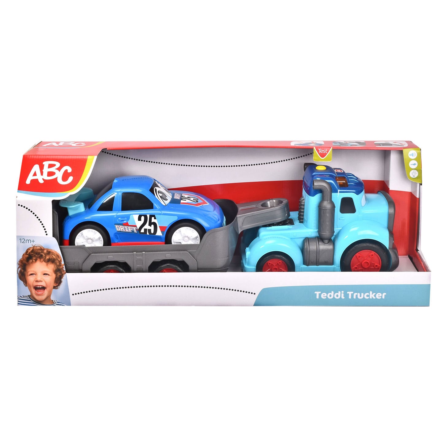 Transportador de camionero ABC Teddi con auto de carreras