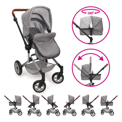 Carrozzina per bambole 2 in 1 con borsa - grigia