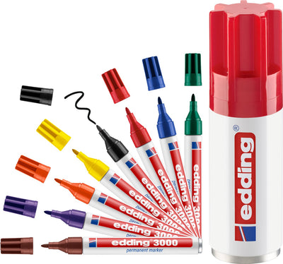 Edding 3000 permanent marker - 8 colors - 8 markers in a can - round tip 1.5-3 mm - water and abrasion resistant - for cardboard, plastic, wood, metal, etc. - alcohol markers for adults